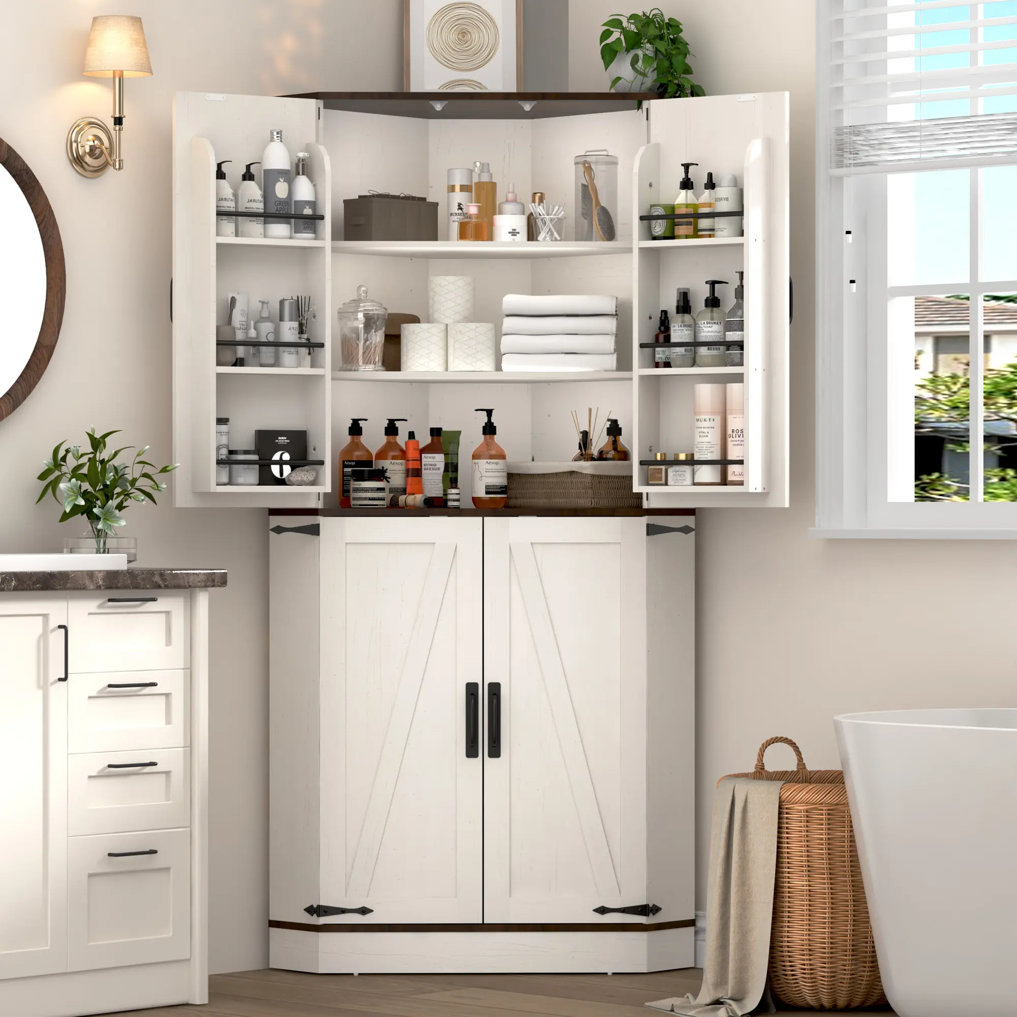 68 in Farmhouse Corner Storage Cabinet with Sturdy Base, Doors & Adjustable Shelves - Kitchen Pantry for Living Room, Dining Room, Corner Shape