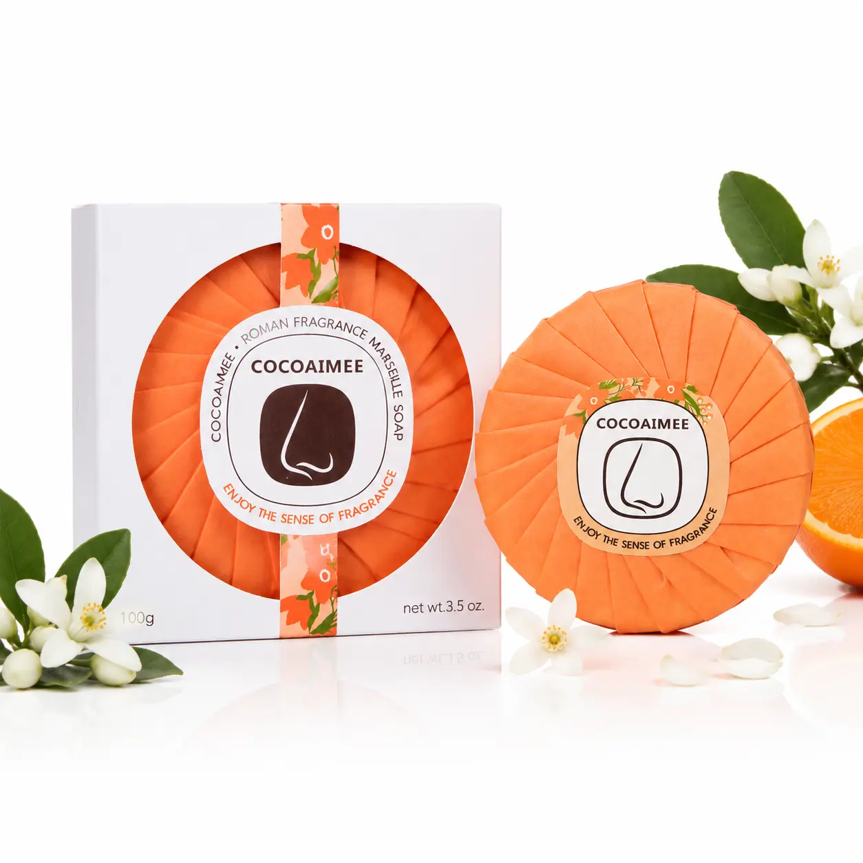 Orange Blossom Flower Plant-Based Bar Soap - 3.5oz Citrus Floral Aroma Face & Body Cleanser, PH Balanced, Sensitive-Safe, Olive & Shea Infused Body Care Soother & Brightener