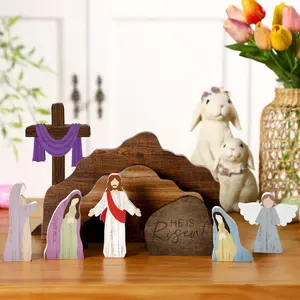 Easter Empty Tomb He Is Risen Easter Decor Table Decoration Christian Creche Decor Lent Easter Basket Stuffer Essential Wood Resurrection Centerpiece Jesus Cross Tiered Tray Jesus Nativity Scene Home Ornament for Sunday School Church Spring Decor