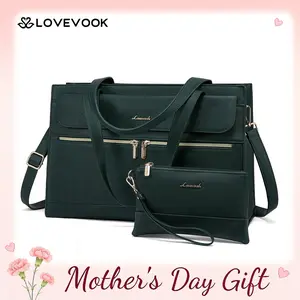LOVEVOOK May Limited-Time Promotional Discounts 15.6" Laptop Tote Bag for Women - Waterproof Vegan Leather Business Work Bag with Clutch & 2 Cup Holders  Suitable for the workplace, office, and casual wear