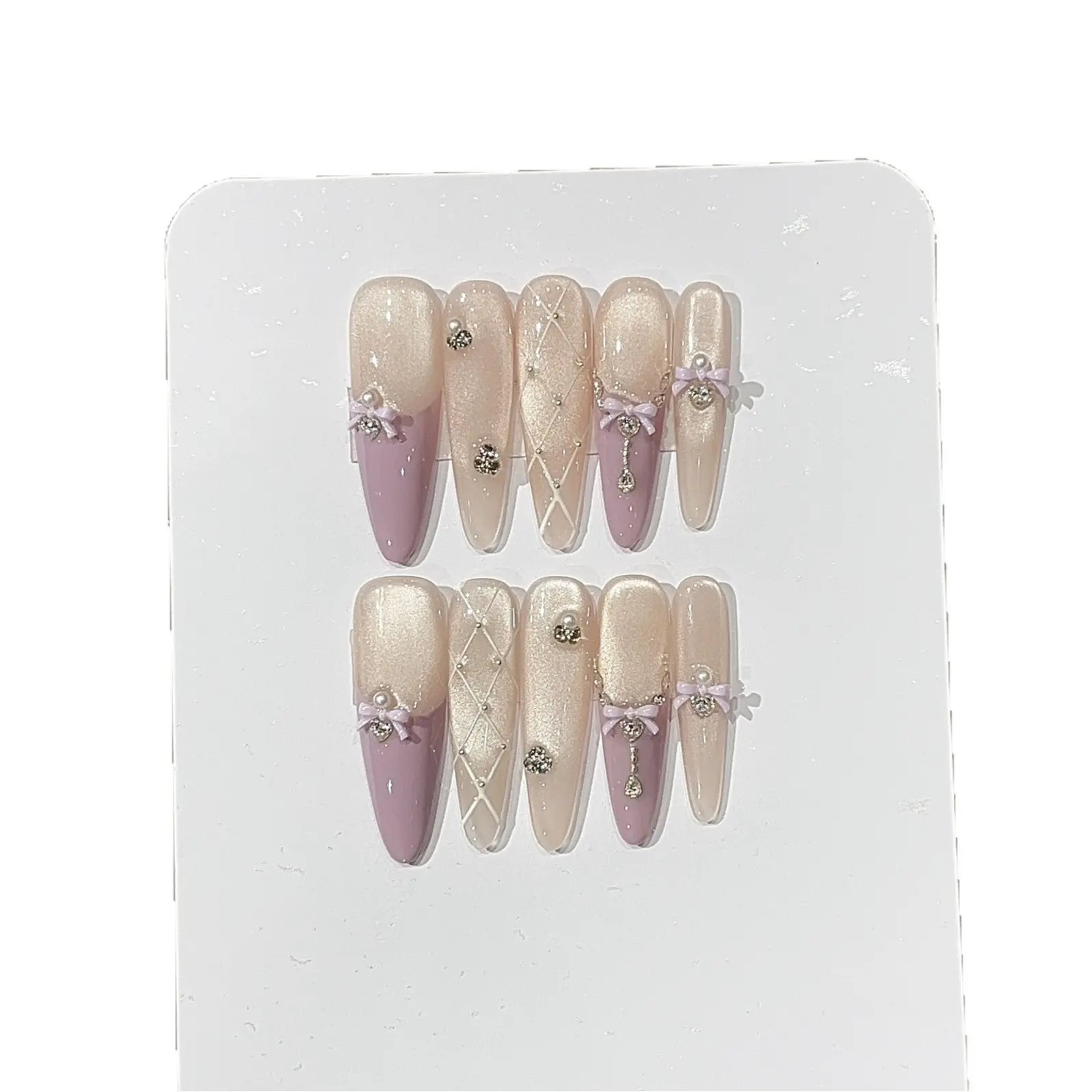 Acrylic Press-On False Nails - Ballet-Style Design with Purple Bow, Zircon Accents, Gradient Halo Effect, Reusable Detachable Nail Art Beauty Accessories