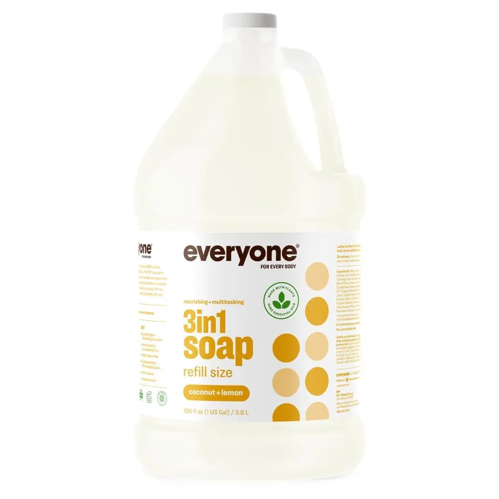 Everyone 3-in-1 Soap, Body Wash, Bubble Bath, Shampoo, 1 Gallon, Coconut and Lemon, made with Essential Oils for Men and Women