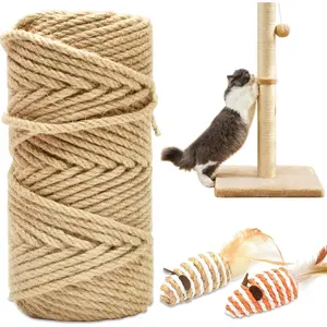 328FT/100M Cat Scratching Sisal Rope, 6mm Thick Natural Jute Rope for Scratch Posts, Cat Trees, DIY Projects, Sisal Rope for Cat Scratcher with 2 Cat Mouse Toys (White, 328ft)