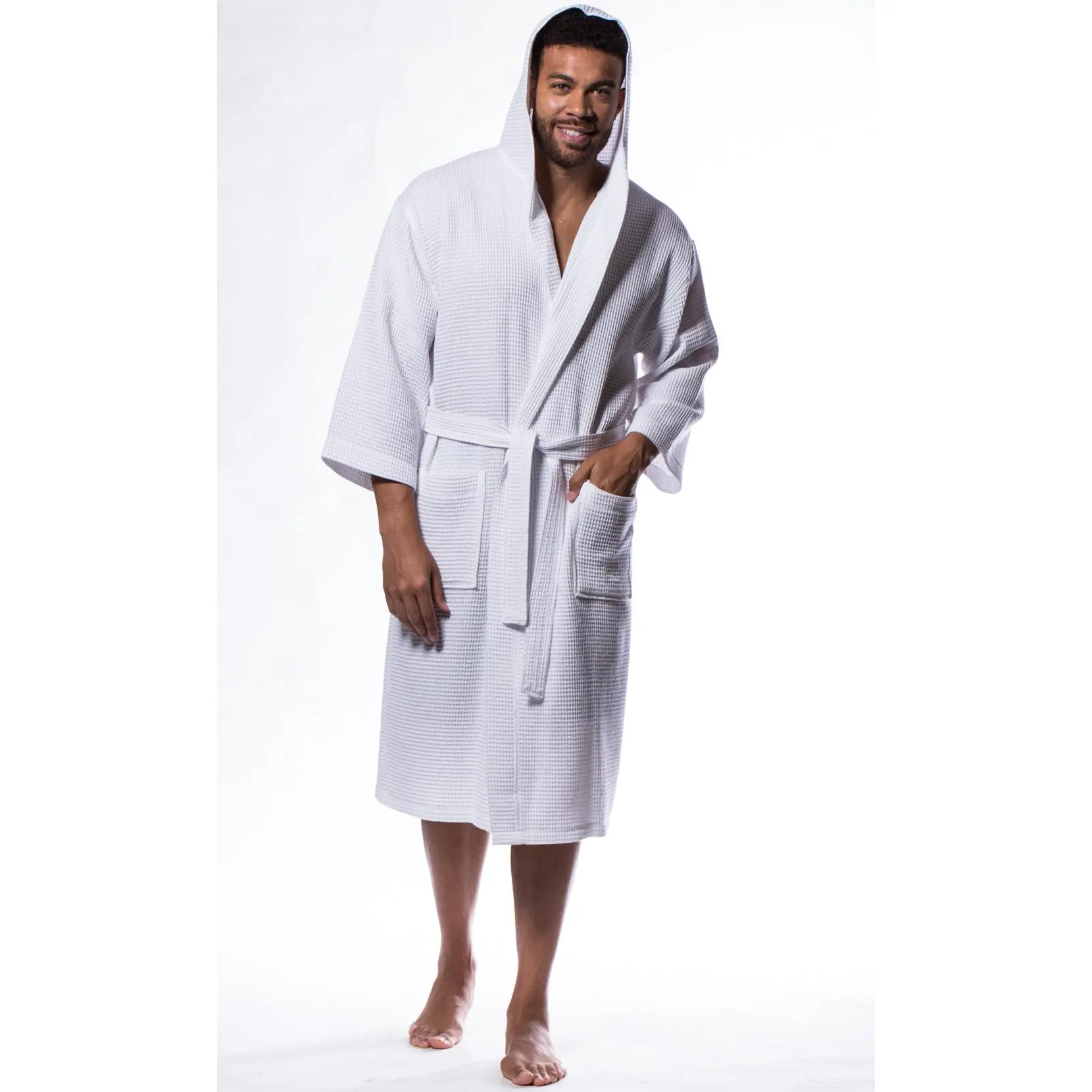 Turquaz Turkish Cotton Waffle Hooded Long Bathrobe Men