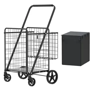 Large Shopping Cart,Grocery Cart on Wheels, Foldable Utility Shopping Carts with Double Basket and 360° Rolling Swivel Wheels for Groceries Laundry square bottom dual basket, Dual Baskets