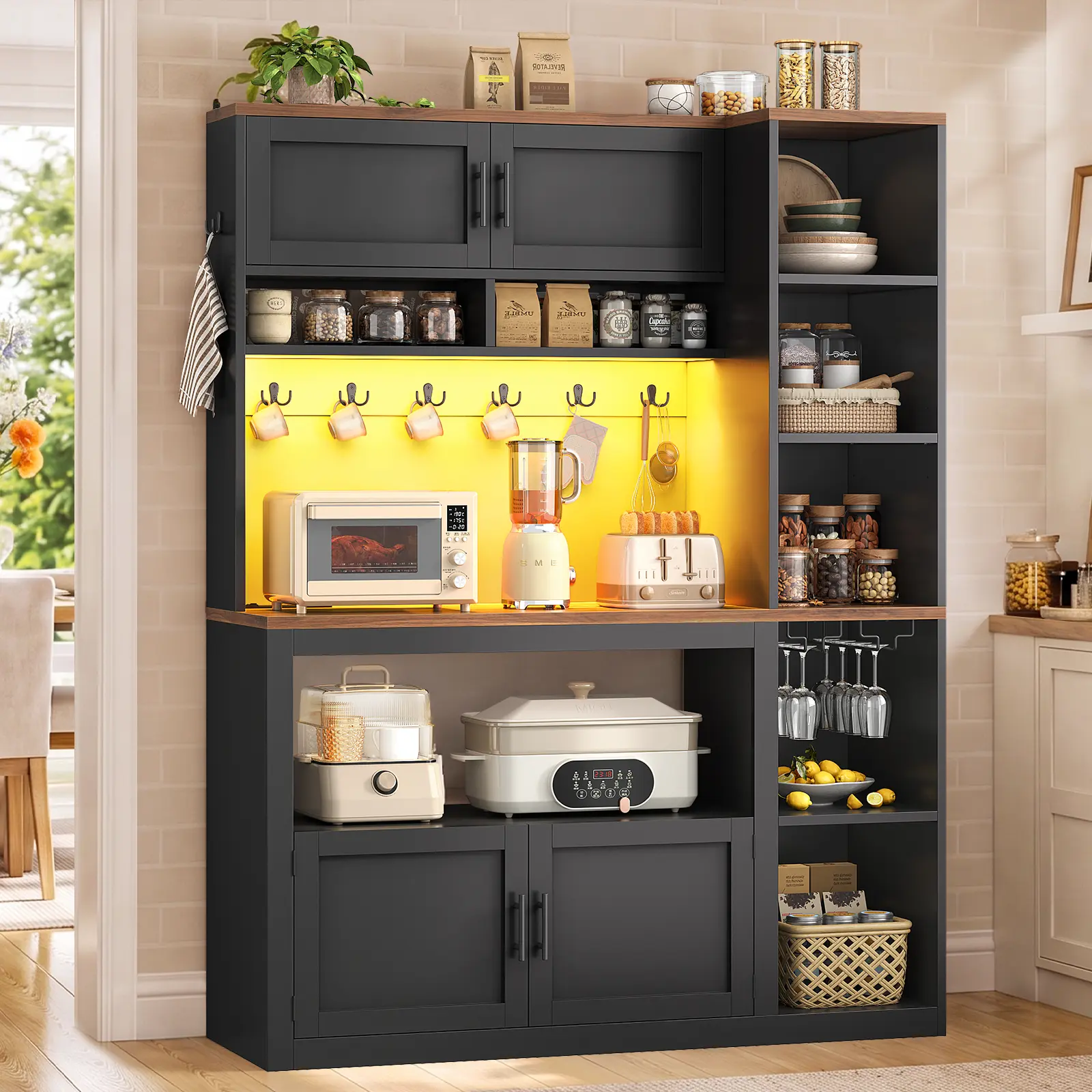 Itaar Farmhouse Bakers Rack Coffee Bar Cabinet with Storage, Power Outlet 43.3" Large Microwave Stand Cabinet with Hutch, LED Lights, Goblet Holder and 9 Hooks for Kitchen, Living