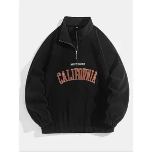 Men'sLetterEmbroideryPolarFleeceQuarterZipSweatshirt,CasualRegularFitRaglanSleeveStandCollarPulloverforFall&Winter,FashionMen'sClothesforDailyWear