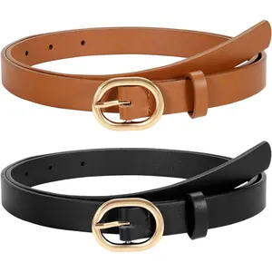 2 Pack Women's Skinny PU Leather Belt with Gold Buckle Ladies Thin Leather Plus Size Waist Belt for Jeans Dress