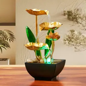 USB Mini Indoor Fountain Humidifier, Usb Powered Humidifier with Colorful LED Lights, Zen Tabletop Waterfall Decor, Golden Lotus Leaf Metal Crafts, Soothing Sound, Home Water Feature for Bedroom Living Room Office Desk