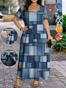 Women's Elegant Plus Size Summer Dress, Geometric Art Patchwork Colorblock Print, Casual Round Neck Short Sleeve Long Dress, 5 Colors Available, Spring