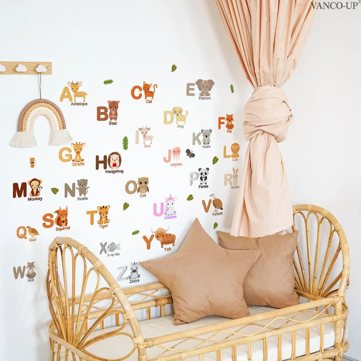 1Pc (30*90cm) Ins Morandi Animal Alphabet Wall Sticker, Early Education Cartoon Animal Matching, Self-Adhesive Wall Decal for Kids Room Decoration