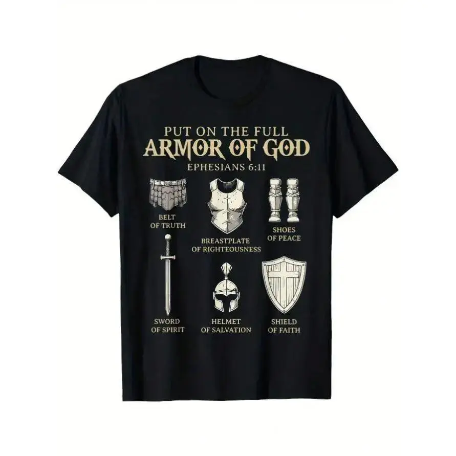 Men's Classic Cotton Short-Sleeve Relaxed Fit Christian Full Armor Of God Graphic T-Shirt - Inspirational Religious Dyesublimation Design, Suitable for Daily Wear & Fitness