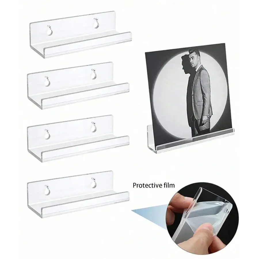 4-Piece Acrylic Record Display Rack Set, CD Album Wall Mount Stand, Vinyl Hanging Shelf, 4/7 Inch Storage Organizer, Wall Mount Design, Room Accessories