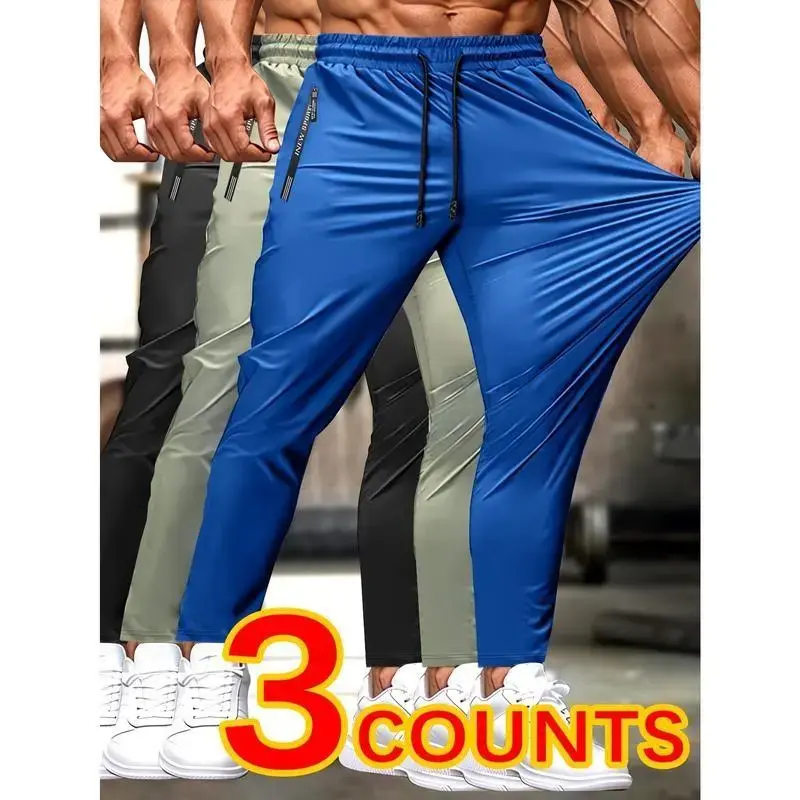 3pcs Men'S High Elasticity Breathable Pants, Casual Style with Drawstring Waist, Letter Pattern, Zippered Pockets, for Fitness Jogging Cycling - Nylon Knit Fabric, Low Waist, 9/10 Length 3pcs Men'S High Elasticity Breathable Pants, Casual Style with Drawstring Waist, Letter Pattern, Zippered Pockets, for Fitness Jogging Cycling - Nylon Knit Fabric, Low Waist, 9/10 Length
