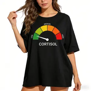 Women's 100% Cotton Ribbed Knit Short-Sleeve Smooth T-Shirt - Elastic Fabric, Loose Fit, Seamless Solid Round Neck Casual Clothes for Low Cortisol Hormone Monitoring
