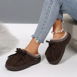 Women's Fuzzy Lined Fleece Slippers Warm Mini Snow Bowtie Suede House Indoor Outdoor Shoes for Winter