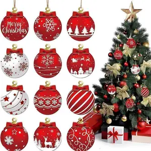 2025 Wooden Christmas Ornaments Hanging Decorations Xmas Ball Pendant DIY Christmas Tree Craft Decor for Home New Year Gifts