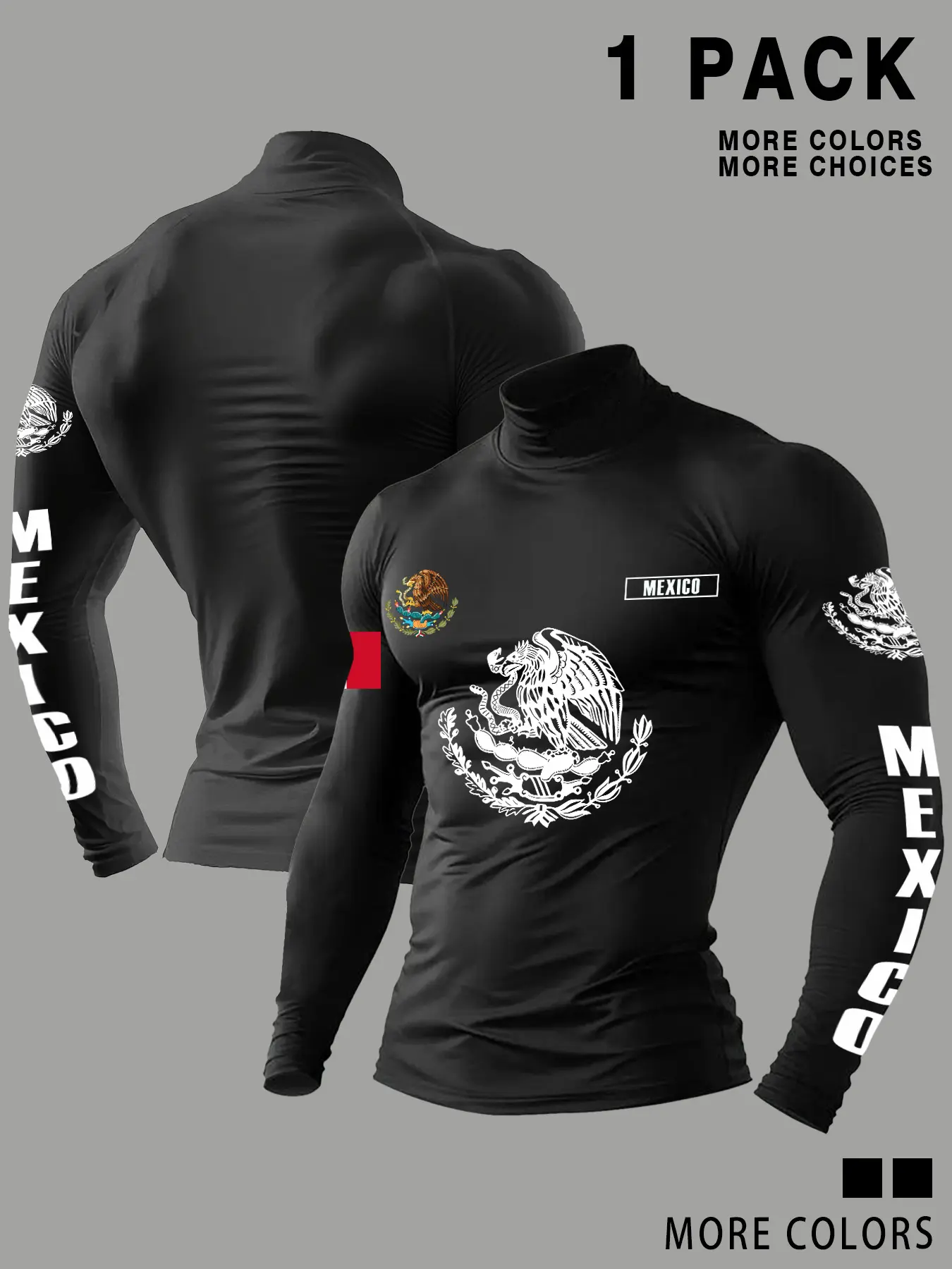 Men's High-Neck Compression Shirt, Mexico-Inspired Eagle & Flag Graphics, Long Sleeve, Athletic Top, Moisture-Wicking, Ideal for Workout & Sports
