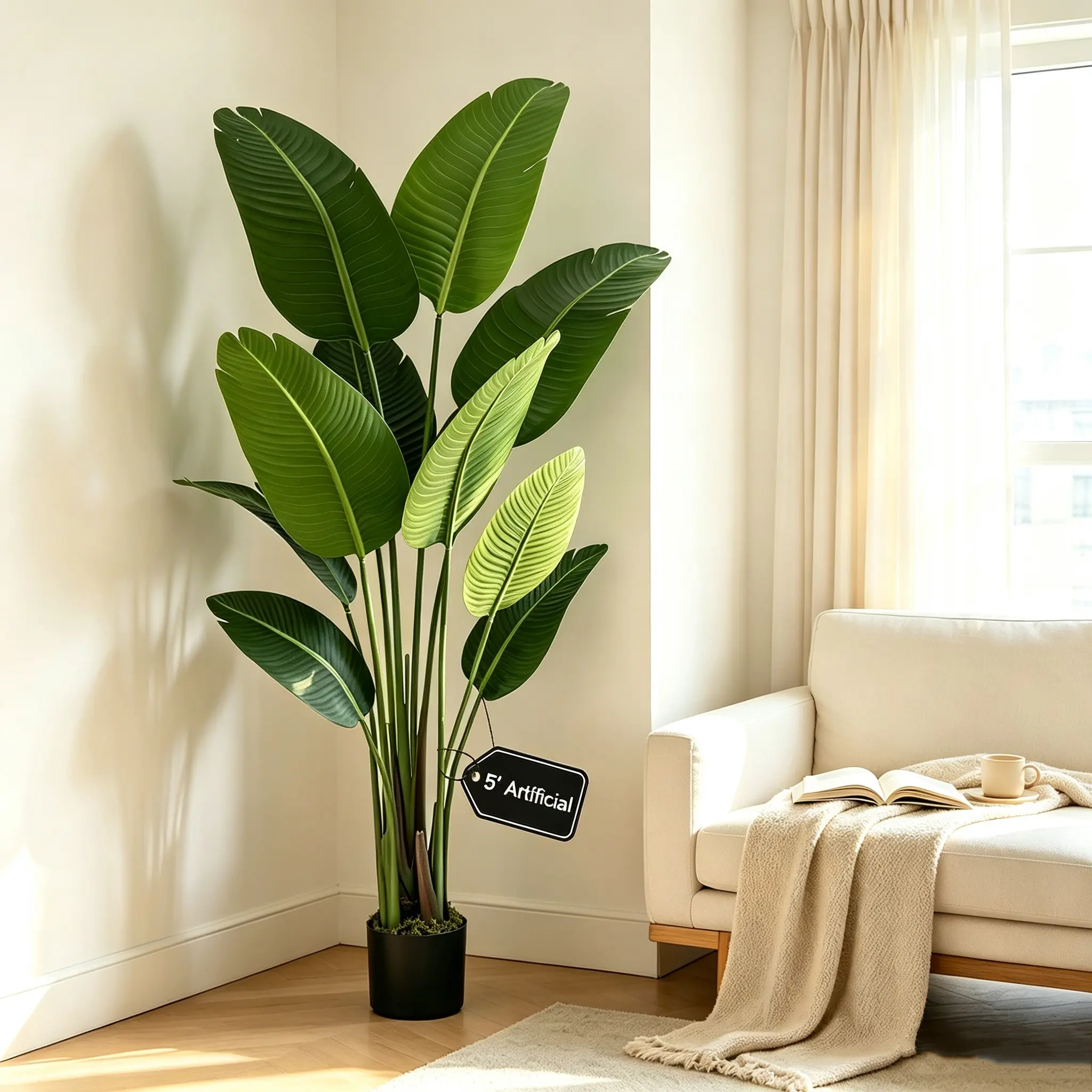 Artificial Birds Of Paradise Tree, 5 FT Tall Faux Plant, PE Material & Anti-Tip Tilt Protection Low-Maintenance Plant, Lifelike Green Fake Tree for Home Office Warehouse Decor Indoor Outdoor
