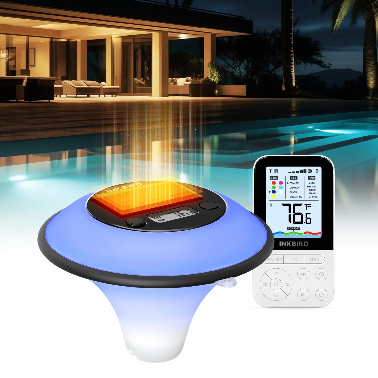 INKBIRD Solar-Powered Wireless Temperature Monitor - IP68 Waterproof Portable Pool Light Thermometer for Outdoor Swimming Pool, Ambient LED Light, Remote Control, Mother's Day Gift, Pool Light Thermometers