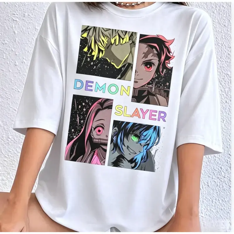 Demon Slayer Colorful Graphic T-Shirt - Unisex Tanjiro Nezuko Manga Panel Cotton Tee, Casual Trendy Anime Short Sleeve Crewneck Top, Kawaii Otaku Gift