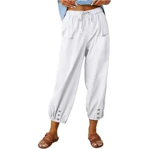 Women's Capri Pants High Waist Drawstring Cinch Bottom with Button Cotton Loose Casual Trouser with Pockets summer outfits