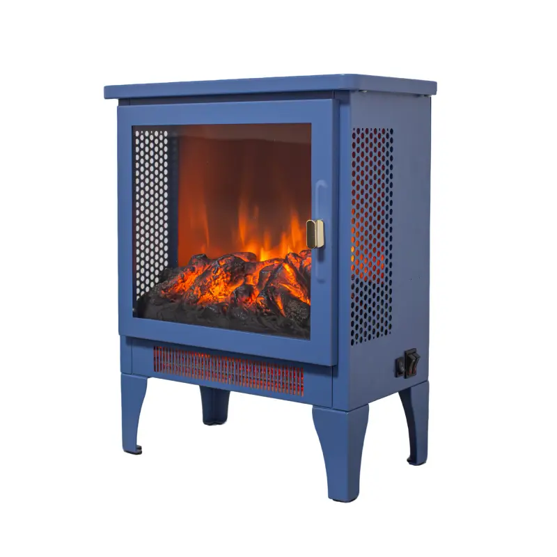 17-in Freestanding Portable Electric Fireplace Stove Heater - 1400w/700w Heat, Adjustable 3D Light-Up Flame Effect, Classic Blue, Golden Sheet Metal, Tempered Glass Panel, Built-in Fuse, Standard Plug, Color & Texture Focused Elderly-Friendly Design