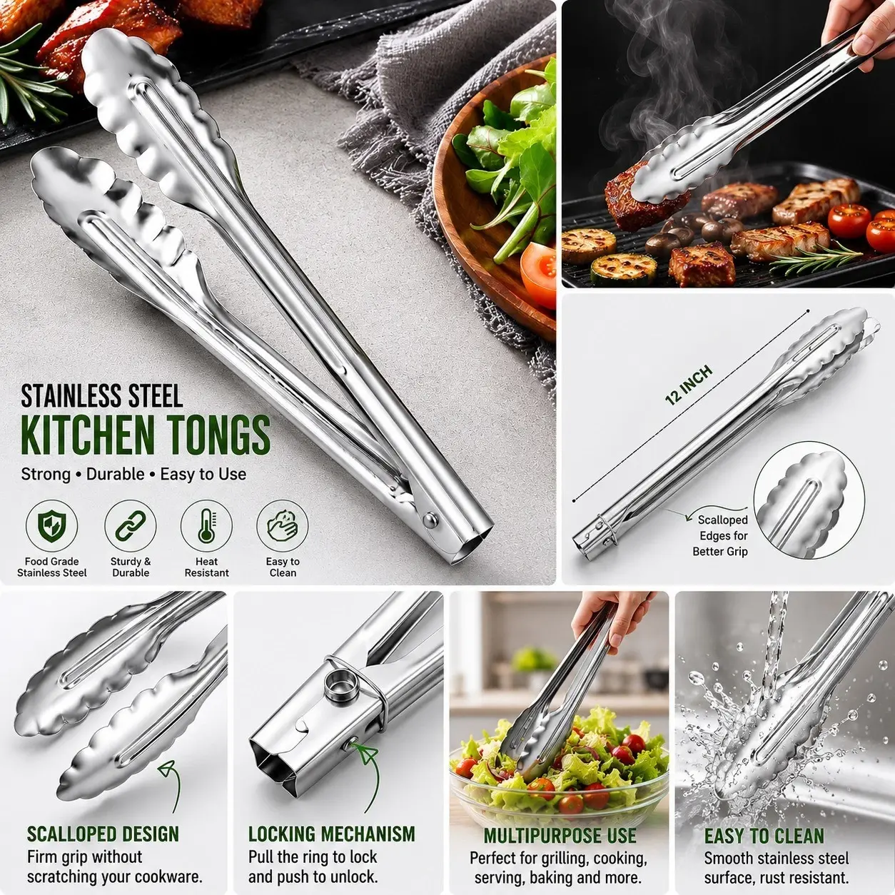 pack of 3 12 Inches heavy duty stainless steel good to use as BBQ tong, Salad tong, Cooking Tongvand buffet tong