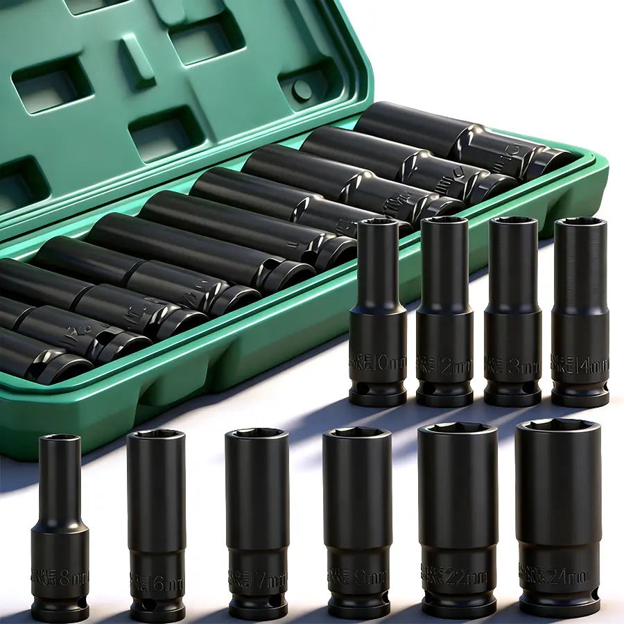 10-Piece 1/2'' Drive Impact Socket Set Metric – 6 Point Deep Well Cr-V Sockets with Blow-Molded Case for Pneumatic & Electric Tools