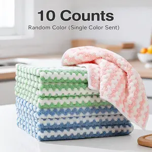 10 Counts Microfiber Cleaning Cloth, Kitchen Towels Absorbent Streak Free Cleaning Towels for Dish Drying Washing, 9.84" x 9.84" Striped Washable and Reusable Towels Random Color