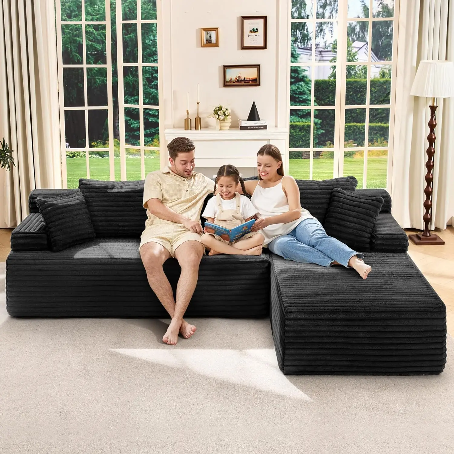 L-Shaped Corduroy Boneless Cloud Compression Sectional Sofa with Chaise - Sturdy No-Assembly Couch in a Box, Sleeper Bed, Modular Deep Seating High-Density Foam Upholstered Small Living Room Furniture