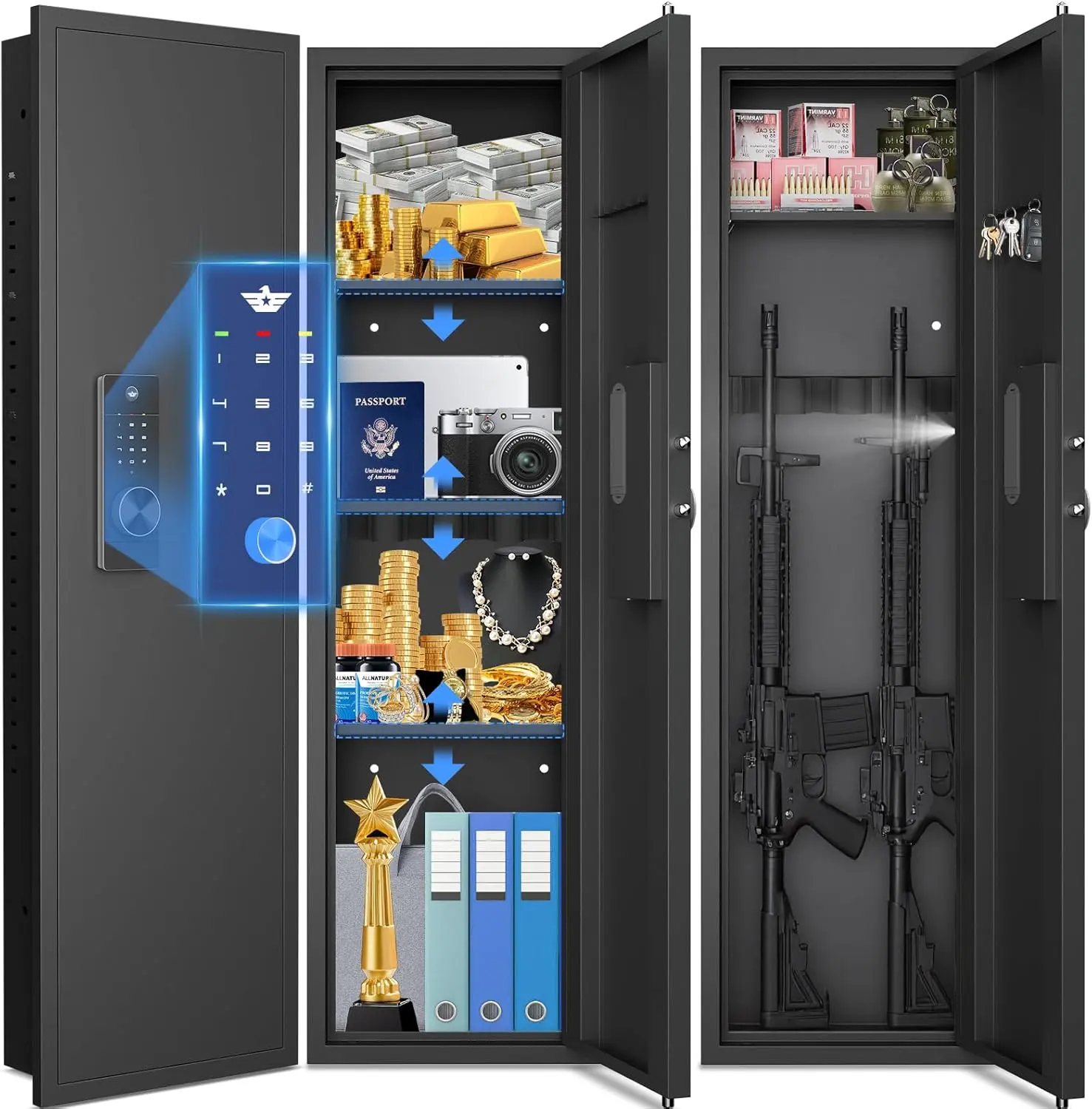 47"Tall Wall Safe Between the Studs,Hidden Wall Safe In Wall Gun Safe with Digital Keypad Lock,Dual Alarm System and Silent Mode,3 Adjustable Shelves, Magnetic Slot,Gun Cabinets for Home Black