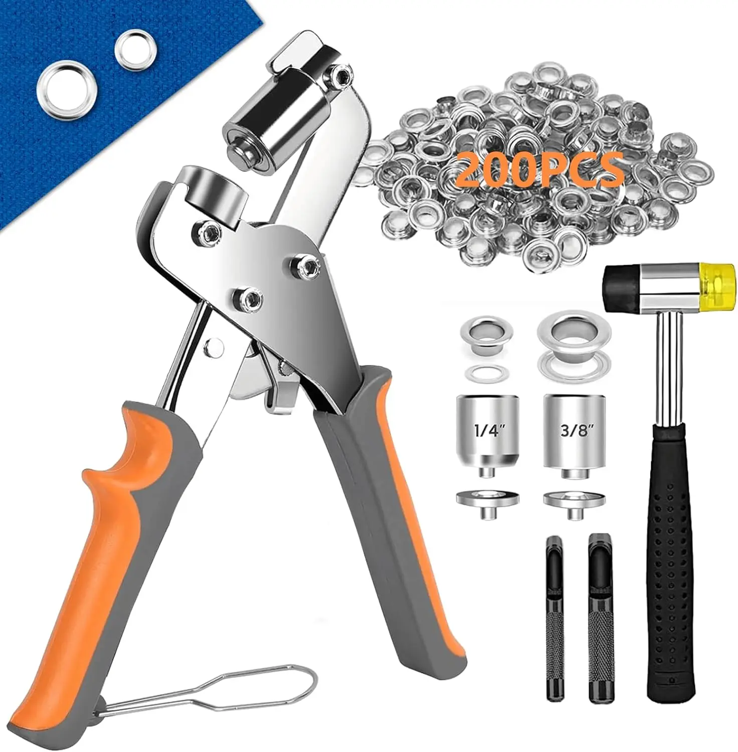 Heavy Duty Grommet Tool Kit, 1/4 and 3/8 Inch Handheld Hole Punch Pliers with 200 Metal Eyelets and Grommets for Tarps Canvas Banner Leather Fabric (10mm/6mm)