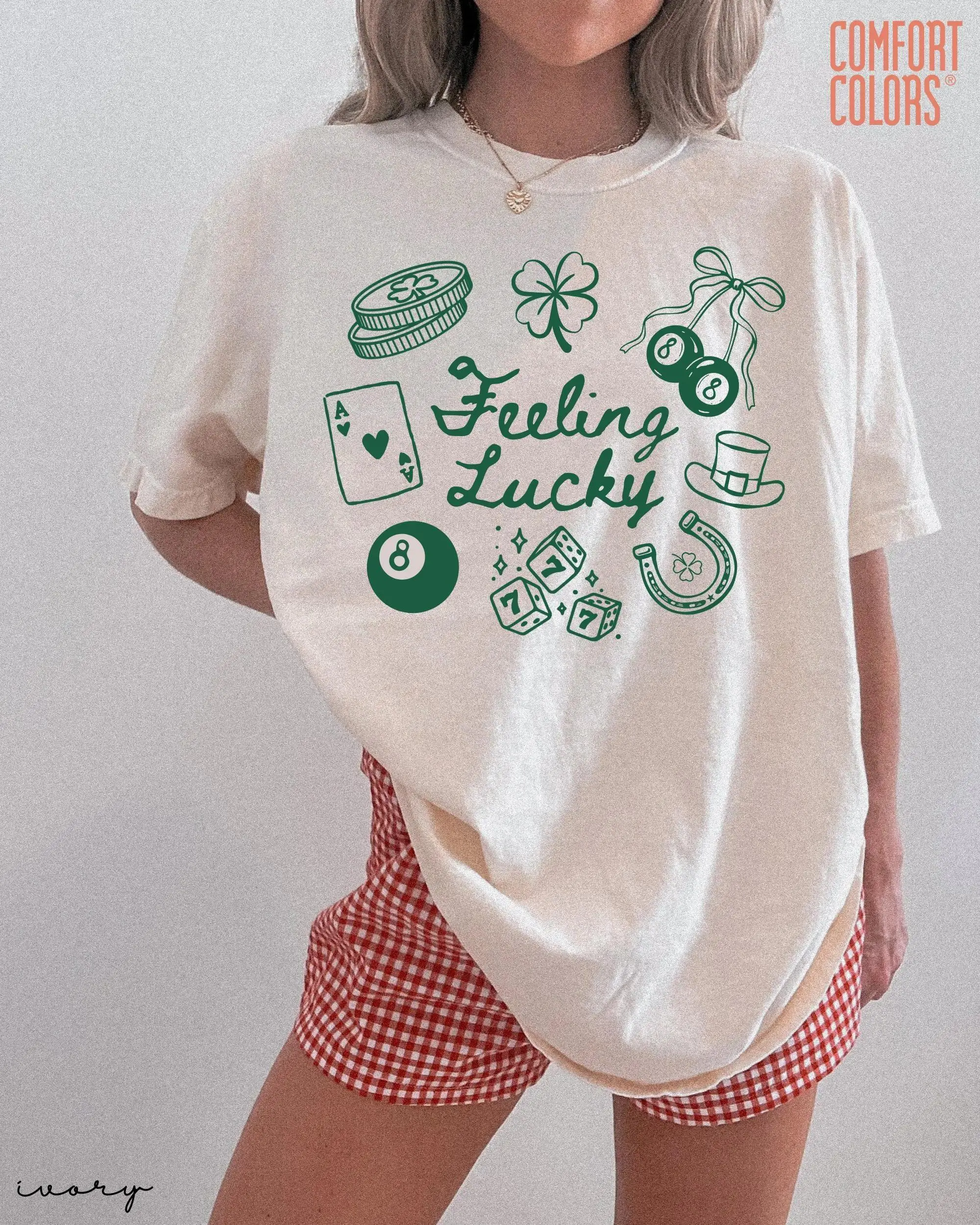 Unisex Feeling Lucky T-Shirt St. Patrick's Day Green Lucky Symbols Design Vintage 【100% cotton】 Style Tee Casual Oversized Crew Neck Top Retro Irish Streetwear For Lucky Lovers & St. Paddy's Day Celebrants
