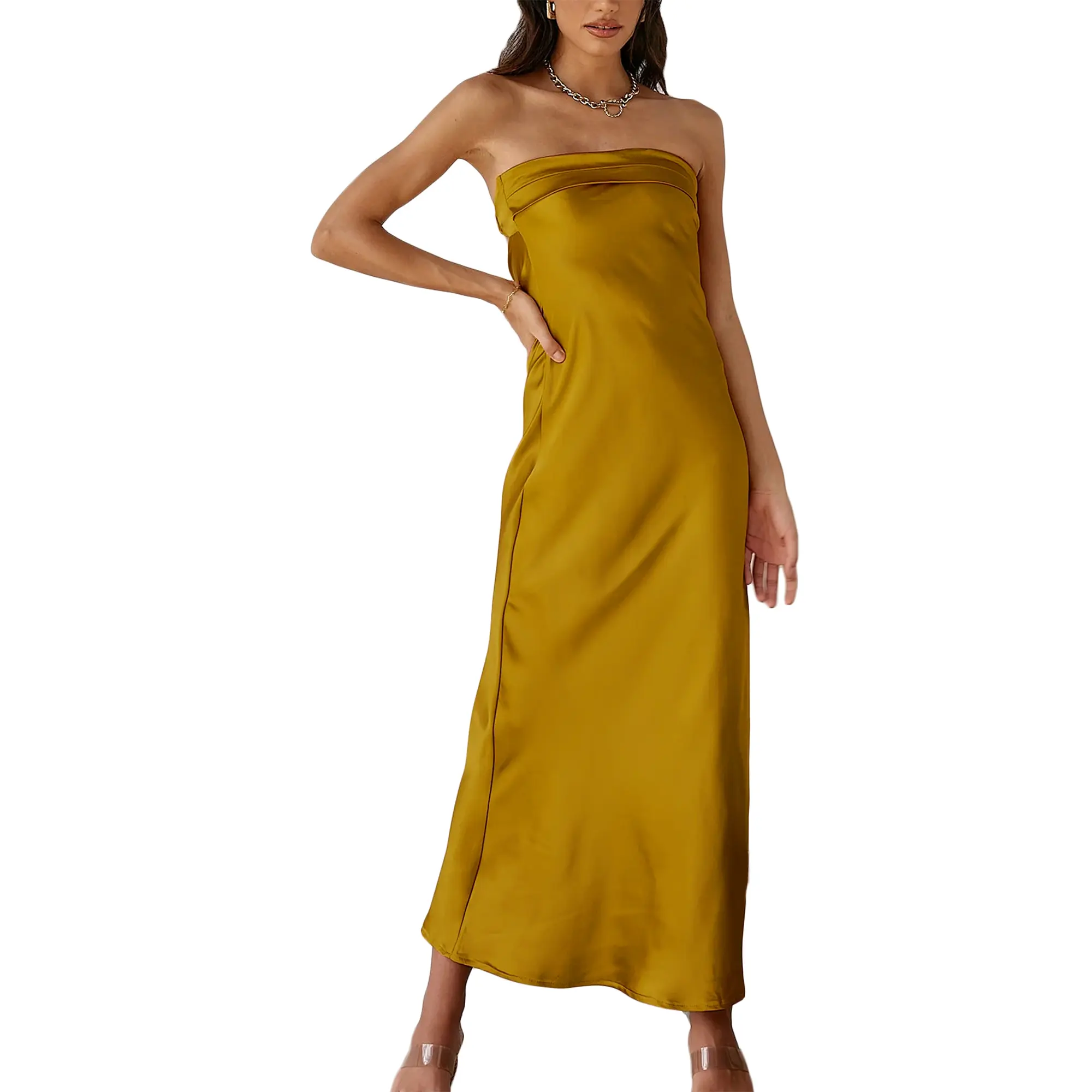 realtix satin dress Realtix Brown Satin Strapless Dress by Realtix