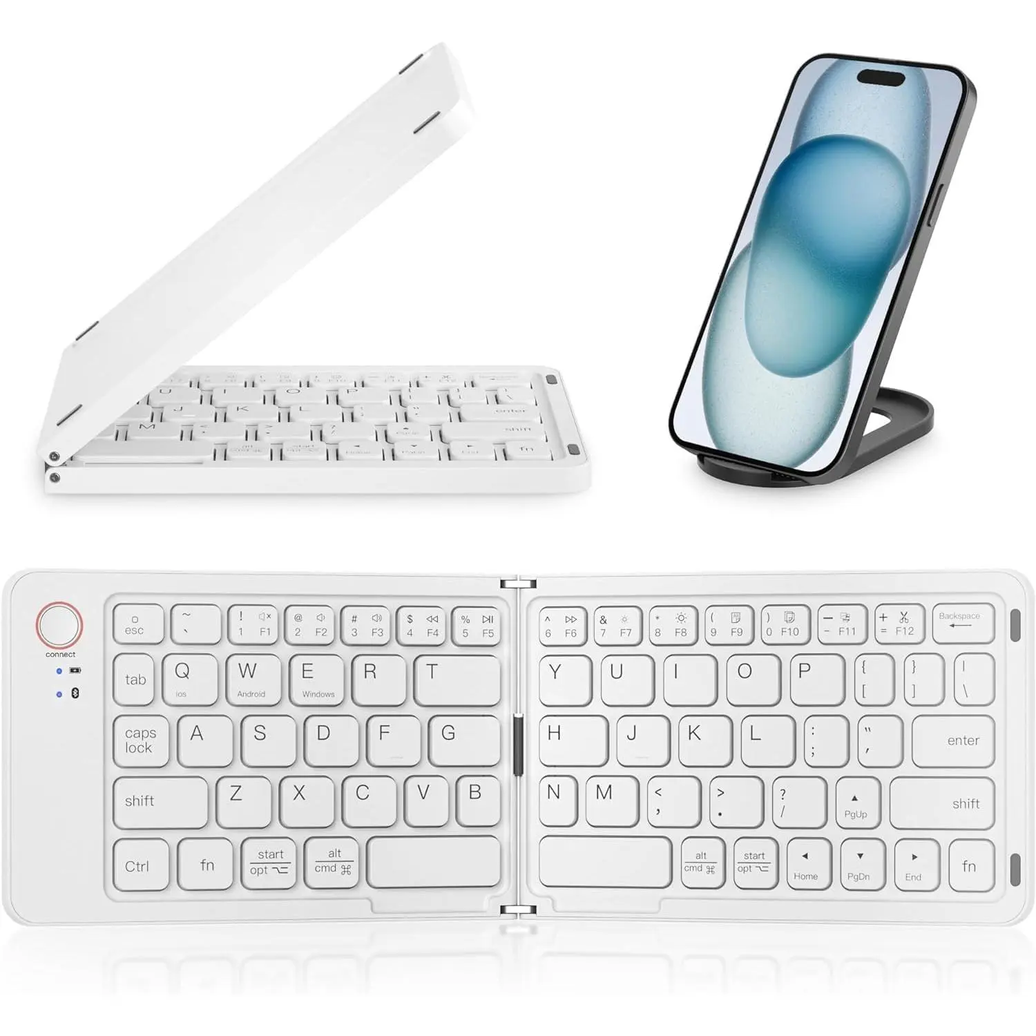 Mini Foldable Bluetooth Keyboard - Portable Wireless Full Size Keyboard (Sync Up to 3 Devices), Ultra-Slim Travel Folding Keyboard for iPhone iPad Mac Android Windows iOS, White