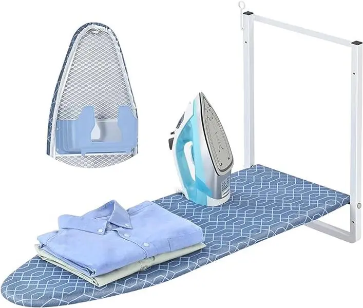 Wall Mounted Ironing Board with Iron Holder, 36" X 12" Foldable Ironing Board for Small Spaces, Compact Mount Fold Down Iron Board, Removable Heat Resistant Cover Dark Blue