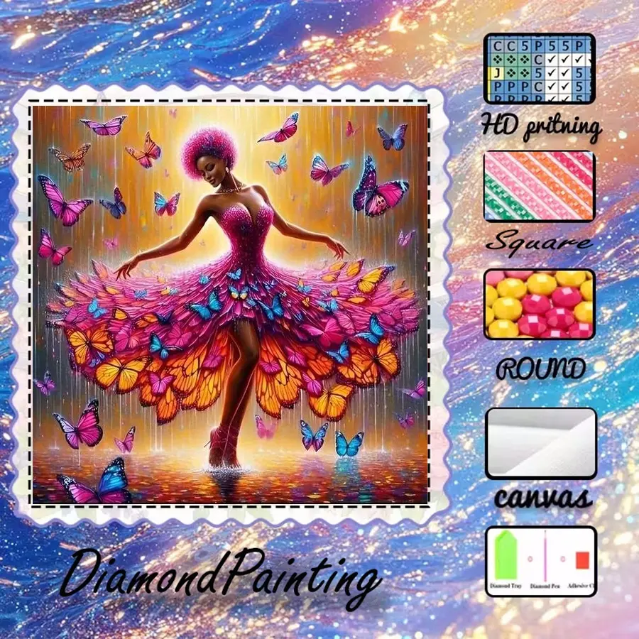 5D-DIY, Handicraft, velvet canvas, diamond art, diamond painting kit, butterfly, colorful, dancer AB diamonds, fairy dust diamonds, crystal diamonds, perfect home decor, handmade diamond art painting kit, Diamond Art Tools
