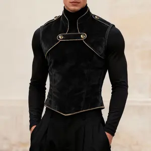 INCERUN Men's Velvet Color-Blocking Edge-Button Long Sleeve Vest - Male Clothes, Spring/Summer Fashion Menswear Tops with Basic Fabric