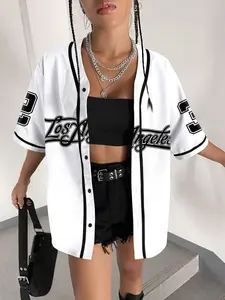 Women's Number Print Baseball Jersey, Casual Fashion Loose Letter Print Short Sleeve Button Design Blouse for Daily Wear, Ladies Clothes for All Seasons, Jersey Tops