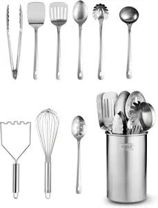 Stainless-Steel Kitchen Utensil Set - 10-piece premium Nonstick & Heat Resistant Kitchen Gadgets, Turner, Spaghetti Server, Ladle, Serving Spoons, Whisk, Tongs, Potato Masher and Utensil Holder