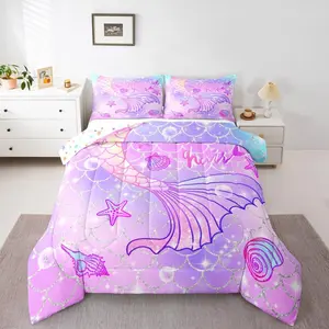 Queen Bedding Sets - Rainbow Purple Mermaid Tail Digital Print Reversible Stars Luxury Microfiber Quilt, Breathable Soft Blanket, Multi-Size Comforter