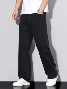 Men's Solid Color Plain Straight Leg Jeans, Streetwear Regular Fit Casual Comfy Pocket Denim Pants for Daily Wear, Classic Woven Bottoms for All Seasons, Menswear