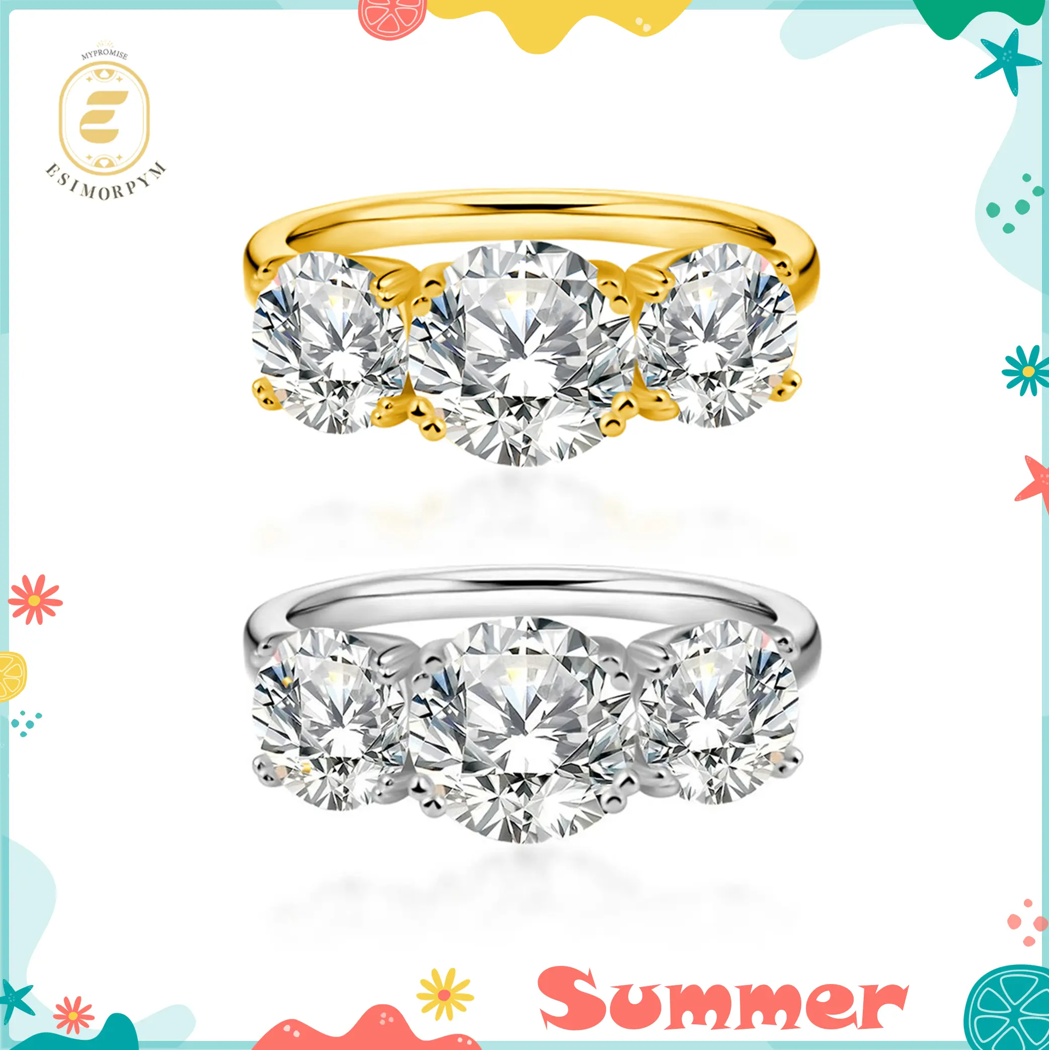 EOM 18K Gold Plated Waterproof 2ct-4ct Moissanite Three Stone Prong Engagement Ring Silver-Plated Band Jewelry Perfect Birthday Engagement Wedding Anniversary Gift Christmas Thanksgiving Valentine's Day