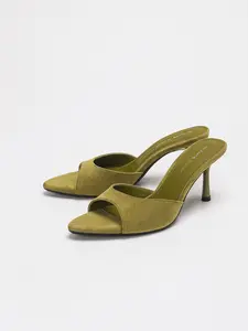 Women's Olive Green Suede Heeled Mules | Peep Toe Kitten Heel Slides | Summer Dressy High Heel Sandals for Women | Casual Elegant Heels for Daily Vacation Party | Footwear | Elevated Sandals