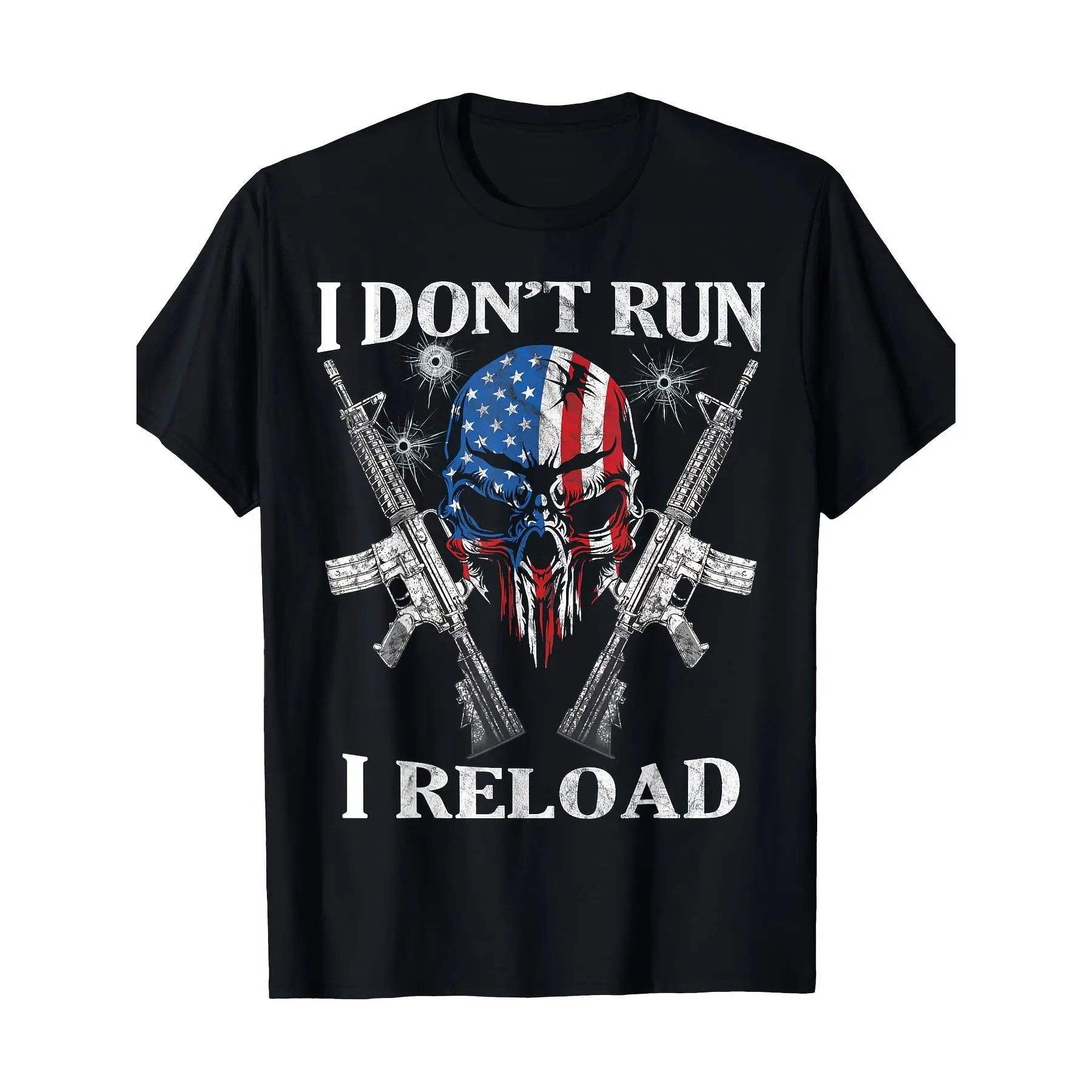 100% Cotton Men'S "I Don'T Run, I Reload"  Skull & American Flag T-Shirt - 100% Cotton, Casual Round Neck, All-Season Wear, Machine Washable, Statement Tshirt | Patriotic Clothing | Cotton Tshirt Golf Gift T-Shirt For Men And Women