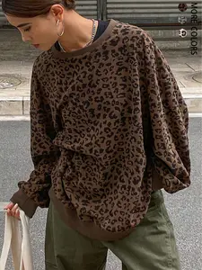 Women Loose Fit Round Neck Corduroy Leopard Print Ribbed Chic Sweatshirt,Womenswear,Long Sleeve Tops,Fall Clothes,Back To School Clothes