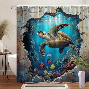 Vibrant Turtle and Coral Reef Shower Curtain, Tropical Marine Life Design, Detailed Shells and Colorful Fish, Polyester, Hanging
