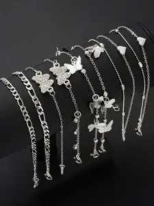 Women Butterfly Design Heart Anklet Set, 8-Piece Simple Fashion Jewelry, Gift Ready Perfect Gift for Parties & Daily Wear, Ideal for Dating & Vacation, Trendy Jewelry, Wearable Jewelry