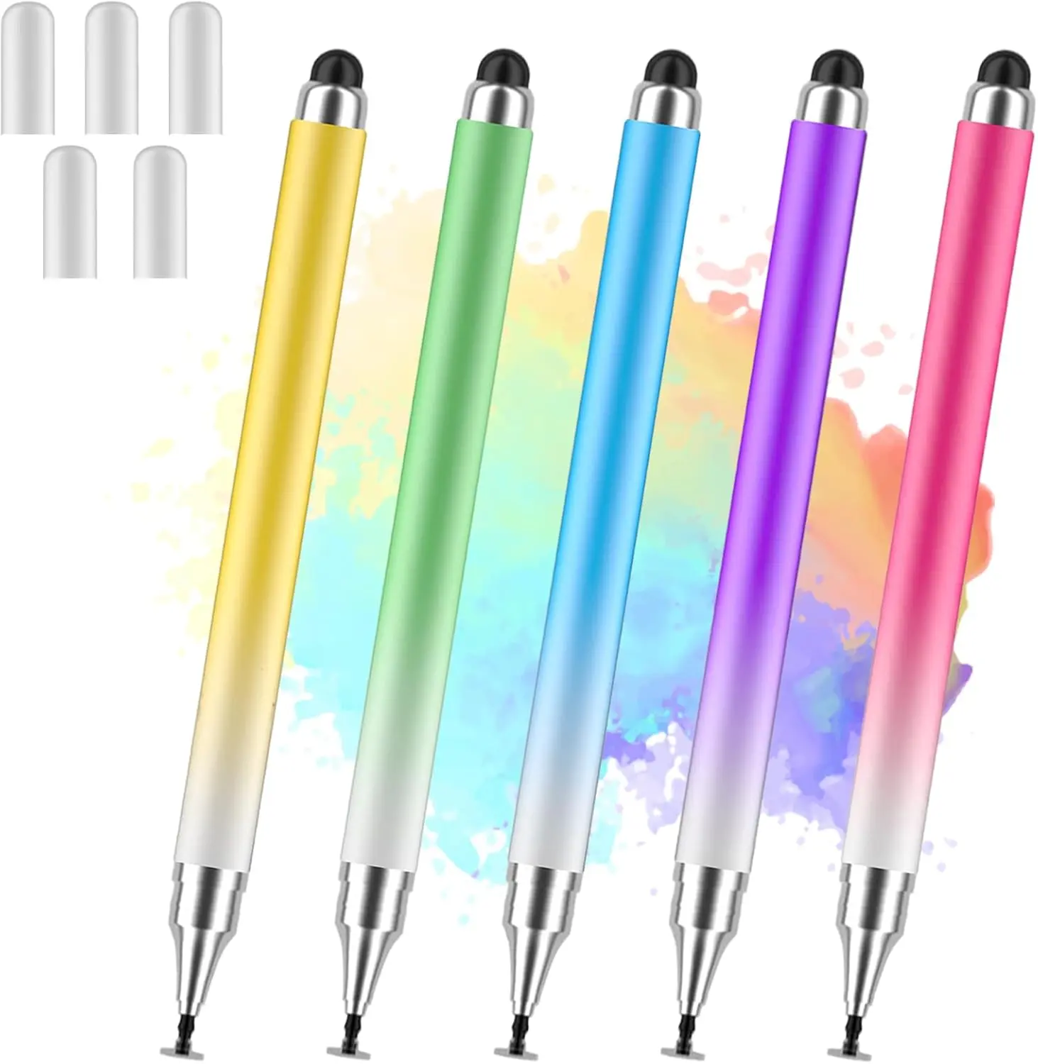 Stylus Pens for Touch Screens, Universal 2 in 1 Stylus Pen for iPad Compatible with iPhone, iPad, Android, Microsoft Tablets, Phones, Surface,[5 Pack]-Blue,Green,Pink,Purple,Yellow